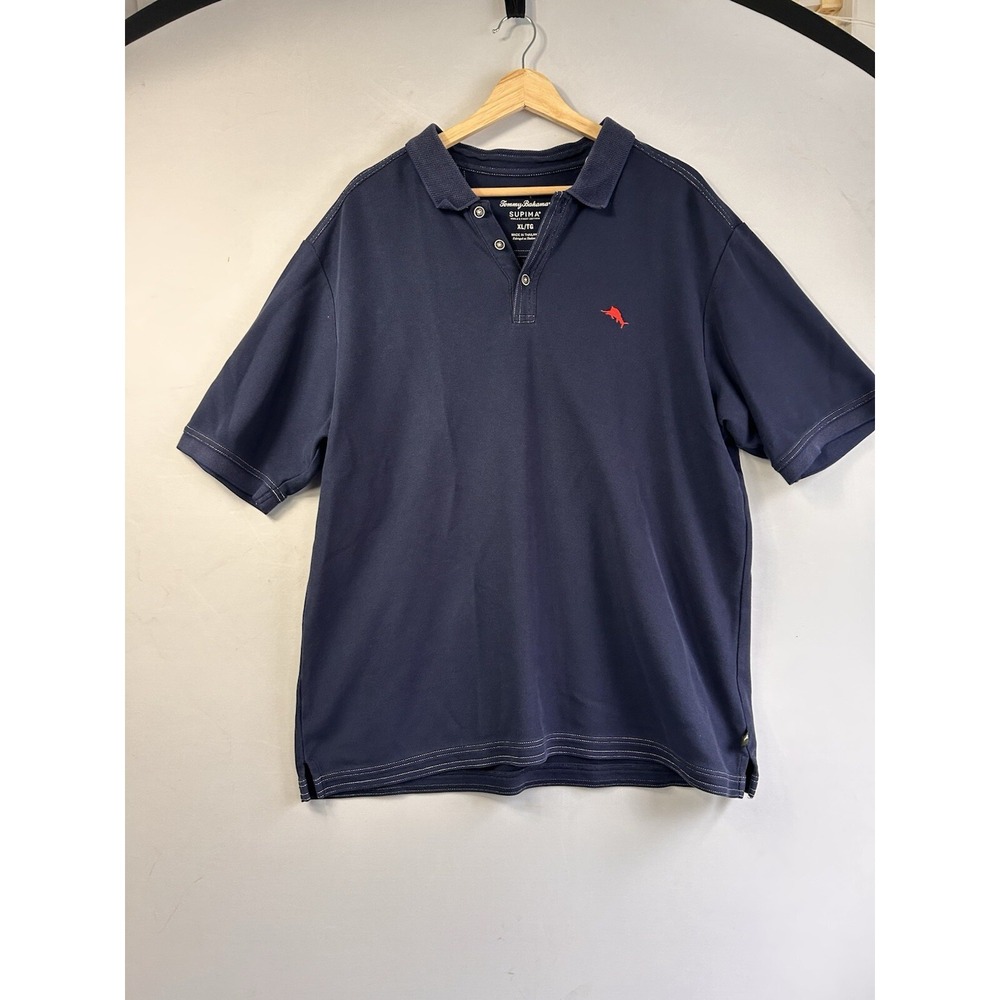 Tommy Bahama SUPIMA Polo Shirt Mens XL Red Marlin Logo Navy Blue‎